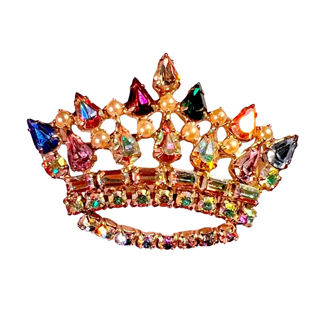 B. David Vintage Rhinestone Crown Brooch Silver Tone